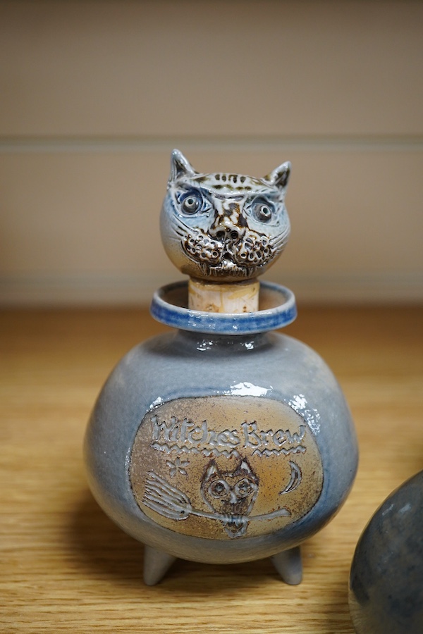 Guy Sydenham (1916-2005), two ‘witches brew jars’, one with ‘cats head’ stopper and a salt cellar, tallest 14cm